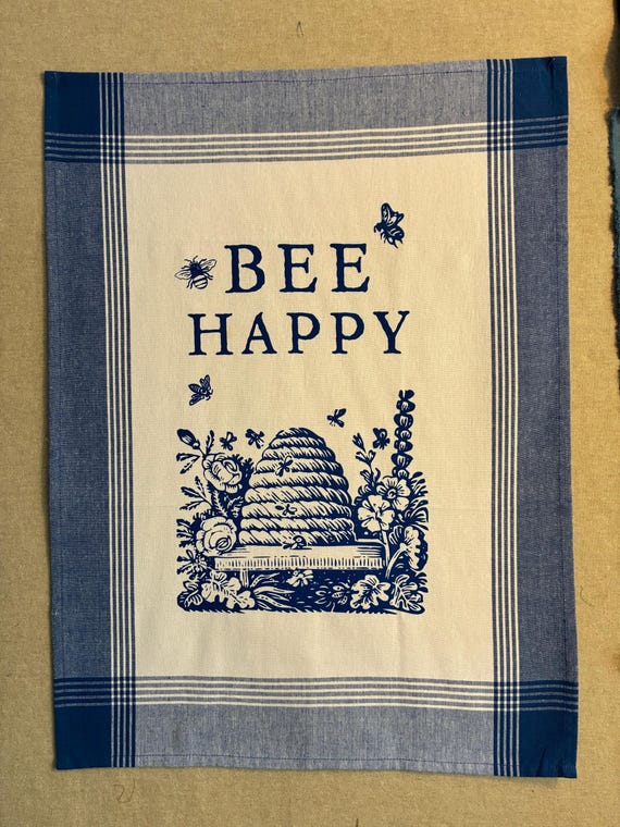Hand Printed Bee Happy Tea Towel