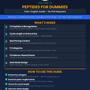 May include: A dark blue guide titled "Peptides for Dummies" with the Deps4 logo. The guide covers peptides and bioregulators, cycle lengths, pricing, categories, evidence-based stacks, and a dark mode design. It includes instructions on how to use the guide and a free app download.