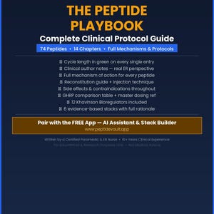 Może przedstawiać: Ciemnoniebieska grafika z tytułem "THE PEPTIDE PLAYBOOK" i podtytułem "Complete Clinical Protocol Guide". Przewodnik zawiera informacje o peptydach, rozdziałach, mechanizmach i protokołach. Wspomina również darmową aplikację.