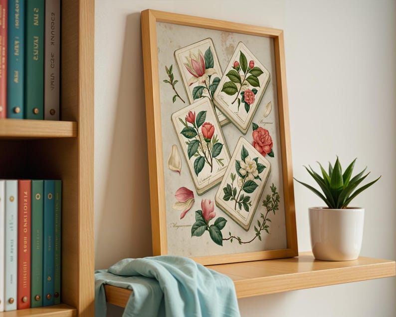 Mahjong Wall Art Print | Botanical Tile Illustration | Southern Home Decor | Mahjong Gift for Her image 1