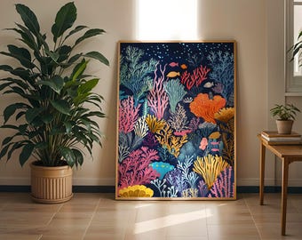 Coral Reef Underwater Wall Art, Folk Art Ocean Illustration, Colorful Sea Life Nautical Decor