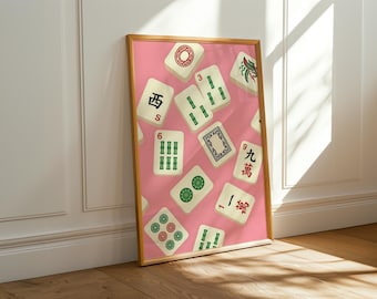 Mahjong Tiles on Pink, Flat Vector Game Night Print, Retro Chic Wall Art