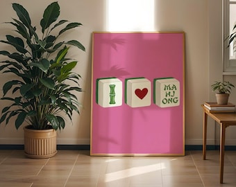 I Love Mahjong Print, Pink Pop Art, Game Night Wall Art