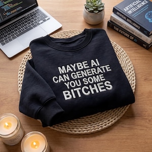May include: A navy blue sweatshirt with the embroidered text "MAYBE AI CAN GENERATE YOU SOME BITCHES" in white. The sweatshirt is displayed on a woven mat, with a laptop, books on AI, and candles in the background.