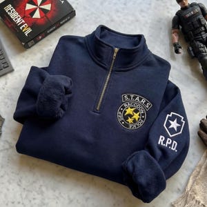 Embroidered STARS Raccoon Police Quarter Zip, Resident Evil Sweatshirt, Umbrella Corp Shirt, Custom Gaming Pullover, Gift For Friend