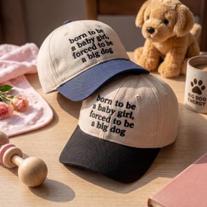 May include: Two baseball caps with the text "born to be a baby girl, forced to be a big dog." One cap has a navy blue brim, the other has a black brim. The caps are beige. A plush dog and a mug are in the background.