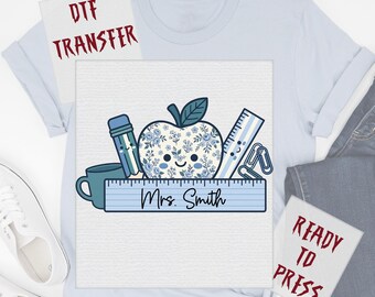 Custom Teacher Name DTF Transfer, Blue Floral Apple and Ruler Graphic Ready to Press