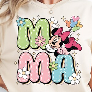 Transferencia DTF retro Disney Mamá Minnie Mouse Flores y Globos, Día de la Madre, Lista para Presionar imagen 10