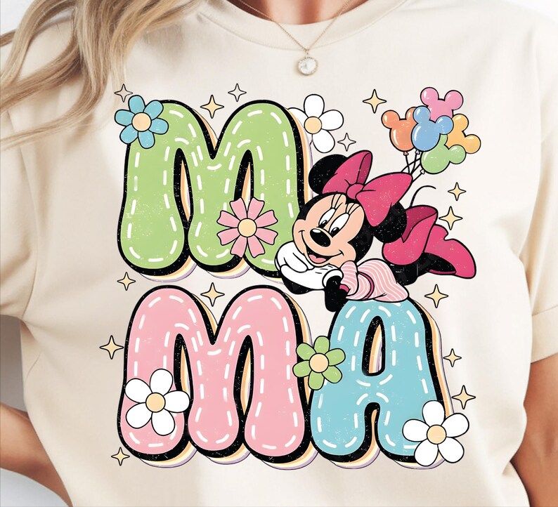 Transferencia DTF retro Disney Mamá Minnie Mouse Flores y Globos, Día de la Madre, Lista para Presionar imagen 10