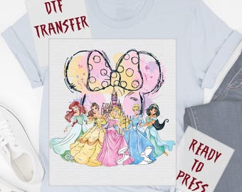 Watercolor Disney Princess GroupDTF Transfer, Belle Cinderella Ariel Aurora Jasmine Ready to Press
