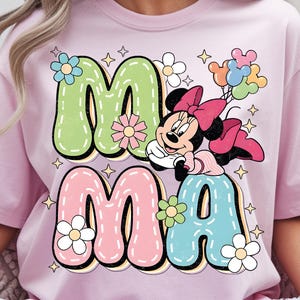 Transferencia DTF retro Disney Mamá Minnie Mouse Flores y Globos, Día de la Madre, Lista para Presionar imagen 4