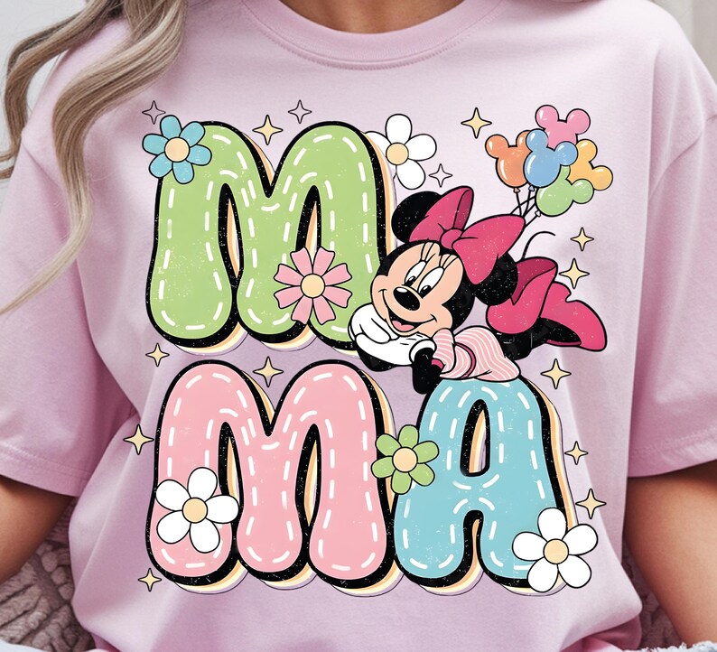 Transferencia DTF retro Disney Mamá Minnie Mouse Flores y Globos, Día de la Madre, Lista para Presionar imagen 4