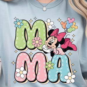 Transferencia DTF retro Disney Mamá Minnie Mouse Flores y Globos, Día de la Madre, Lista para Presionar imagen 5