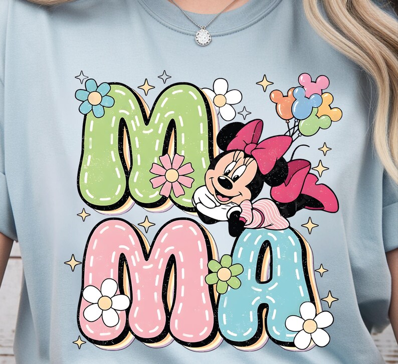 Transferencia DTF retro Disney Mamá Minnie Mouse Flores y Globos, Día de la Madre, Lista para Presionar imagen 5