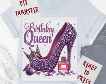 Rhinestone Purple Jeweled Birthday Queen DTF Transfer, Glamorous High Heel Stiletto Heat Press