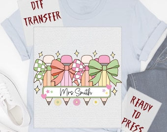 Personalized Teacher Pencil Bows DTF Transfer, Custom Back to School Ready to Press