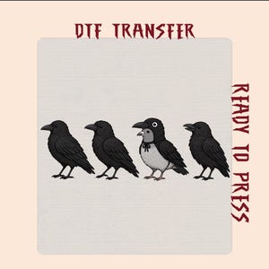May include: A DTF transfer sheet featuring the text DTF TRANSFER and READY TO PRESS in dark red. The design displays four birds in a row: three solid black crows and one grey bird wearing a black crow-shaped hood with a small black bow at the neck.