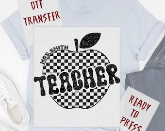Checkered Distressed Apple Custom Teacher Name DTF Transfer, Personalized School Ready to Press