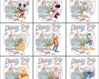 Transferencia DTF personalizada para viaje a Disney 2026, vacaciones familiares personalizadas en Disneyland listas para imprimir.