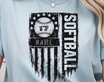 Custom Distressed American Flag Softball DTF Transfer, Personalized Number and Name Ready to Press