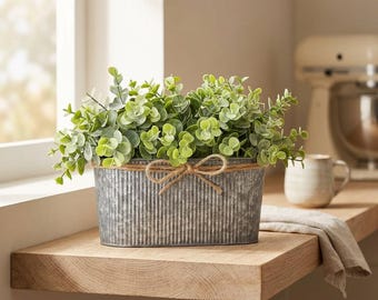 Artificial Eucalyptus Faux Plant in Rustic Metal Pot for Farmhouse Table Centerpiece