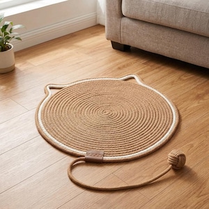 May include: A round, tan, coiled rope mat shaped like a cat head with two small ears at the top. A white rope border outlines the circular shape. A brown leather-like tab connects a long rope tail ending in a round, knotted rope ball toy.