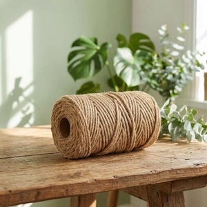 May include: A cylindrical spool of natural tan jute twine featuring a thick, braided texture. The twine is tightly wound around a central cardboard core, displaying a consistent, fibrous appearance throughout the entire length of the cord.
