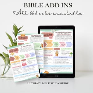 Puede incluir: Una tableta digital que muestra una página de guía de estudio bíblico titulada Genesis, junto a dos hojas de estudio impresas para Judges y Leviticus. Los documentos presentan gráficos coloridos, texto e ilustraciones que detallan conceptos clave, autores y temas para cada libro de la Biblia. El texto BIBLE ADD INS y All 66 books available aparece en la parte superior.