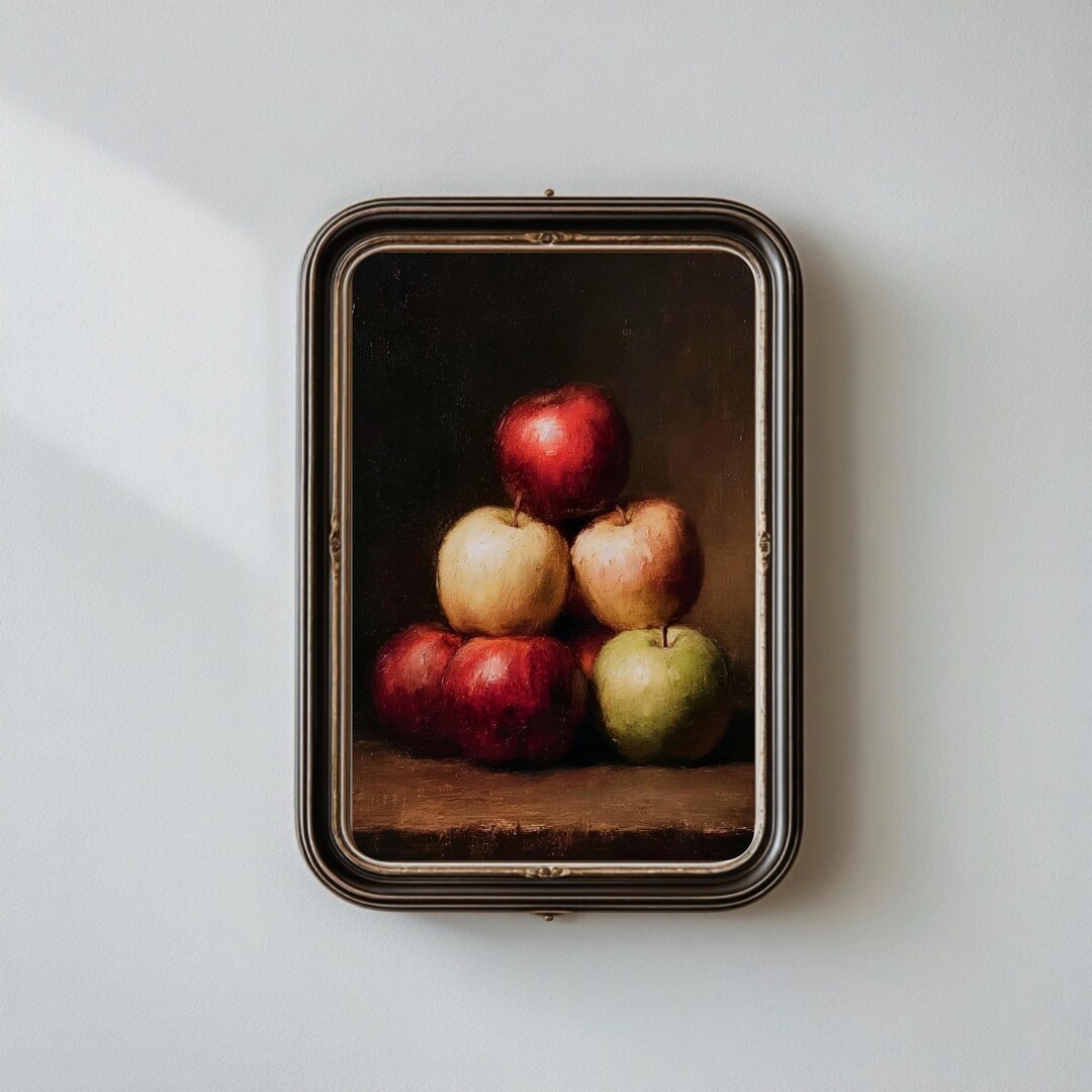 Vintage Apple Still Life Wall Art Printable, Moody Fruit Oil Painting ...