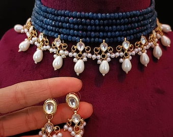 Handcrafted Pearl Choker Set, Kundan Bridal Jewelry, Layered Statement Necklace