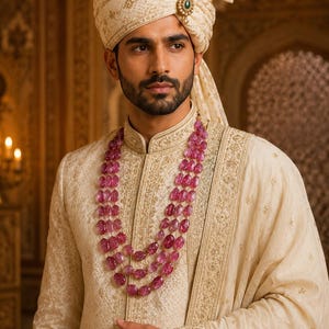 Op de afbeelding: Een man draagt een crèmekleurige tulband en bijpassende geborduurde sherwani. Een ketting van roze edelstenen met drie strengen siert de hals. De tulband is versierd met een decoratieve broche. De outfit is formeel en traditioneel.