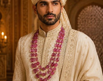 Multi-Strand Rosa Edelstein-Halskette für Bräutigam, Royal Maharaja Style Hochzeitsschmuck