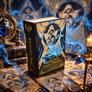 May include: A black hardcover book titled Reflections from a Theorist by Jace Beleren, featuring a gold and blue illustration of a hooded figure casting blue magic on the front cover and spine, with a crescent moon symbol on the spine.