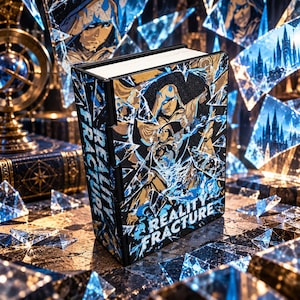 May include: A rectangular book titled Reality Fracture with a black cover featuring a gold and blue illustration of a hooded figure surrounded by shattered glass shards. The spine also displays the text Reality Fracture in bold white lettering.