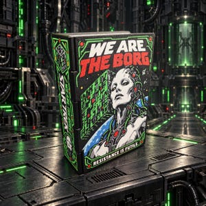 May include: A rectangular Star Trek themed box featuring a Borg character illustration with the text WE ARE THE BORG and RESISTANCE IS FUTILE. The black box has green circuit board patterns and red accents on the front and side panels.