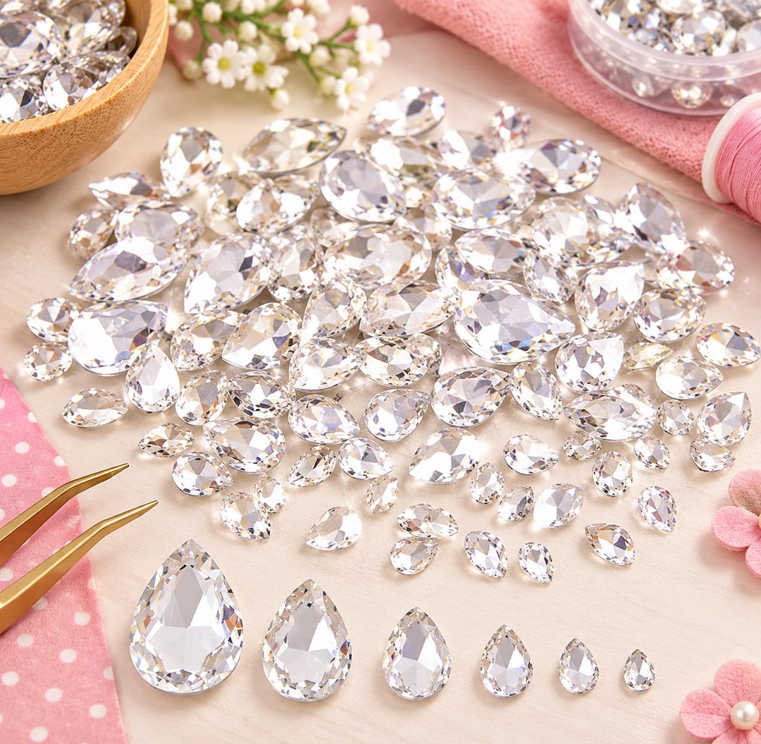 94 Pcs Clear Teardrop Rhinestones, 6 Sizes Glass Crystal Gems With ...