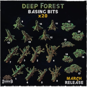 May include: A selection of 20 Deep Forest Basing Bits, featuring miniature tree stumps and foliage. The bits are in shades of green and brown, with detailed textures. The text "Deep Forest Basing Bits x20" and "March Release" are visible.