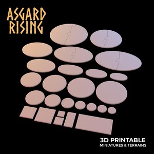 May include: A selection of 3D printable miniatures and terrains in various shapes, including circles, ovals, and rectangles. The pieces are a light pink colour and are arranged on a black background. The text "ASGARD RISING" and "3D PRINTABLE MINIATURES & TERRAINS" are also visible.