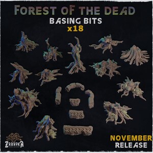 May include: A selection of eighteen miniature basing bits, including tree stumps and architectural elements, for tabletop gaming. The pieces are various shades of brown and tan, with detailed textures. The text "FOREST OF THE DEAD" and "NOVEMBER RELEASE" are visible.