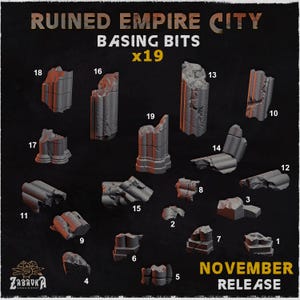 May include: A selection of 19 grey miniature ruined city basing bits. The pieces include fragments of columns, walls, and other architectural elements. The text "RUINED EMPIRE CITY BASING BITS x19" is at the top. The text "NOVEMBER RELEASE" is at the bottom.
