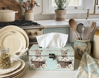 Handmade Bunny Tissue Box Cover, Rustic Wooden Tissue Holder, Farmhouse Spring Decor