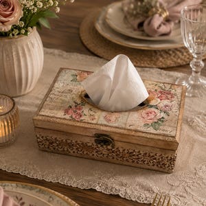 Funda de madera hecha a mano para caja de pañuelos: decoupage de rosas vintage, decoración rústica y elegante.