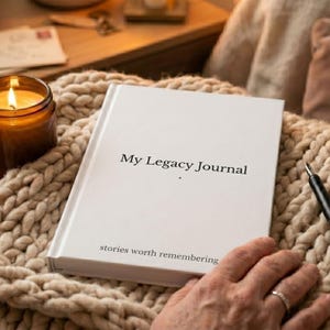 May include: A white journal with the title "My Legacy Journal" and the words "stories worth remembering" at the bottom. The journal rests on a beige knitted blanket, with a lit candle in a glass jar and a pen. A hand with a ring is holding the journal.