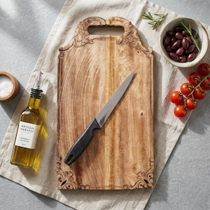 May include: A wooden cutting board with a decorative handle and carved corners. A stainless steel knife with a black handle rests on the board. A bottle of olive oil, a small bowl of olives, and a cluster of tomatoes are also present.