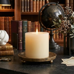 May include: A large, ivory-colored pillar candle with a flickering flame, set on a distressed gold-toned metal tray. The candle is the focal point, with a library and globe in the background. The tray has three small, round feet.
