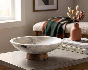 Marble Decorative Bowl with Acacia Wood Base - 11" Vintage Style Centerpiece Fruit Bowl for Living Room, Coffee Table Decor