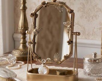Mothers Day Gift Vintage Gold Vanity Mirror with Bird & Butterfly Detail, Decorative Tabletop Makeup Mirror for Mom