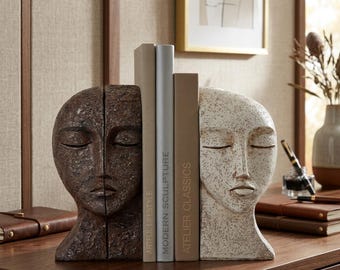 Decorative Bookends for Shelves Face Sculpture Book Ends Heavy Duty Non Slip Bronze White Bookshelf Decor Reading Corner Accent