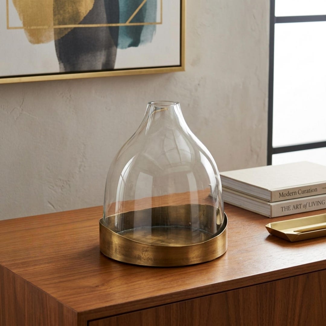 Glass Cloche With Metal Tray Antique Brass Display Dome Centerpiece ...