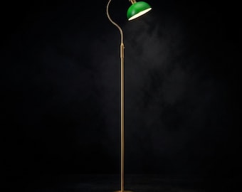 Vintage Banker Style Floor Lamp Antique Brass Green Glass Shade Adjustable Tilt Standing Lamp for Living Room Reading Corner Decor